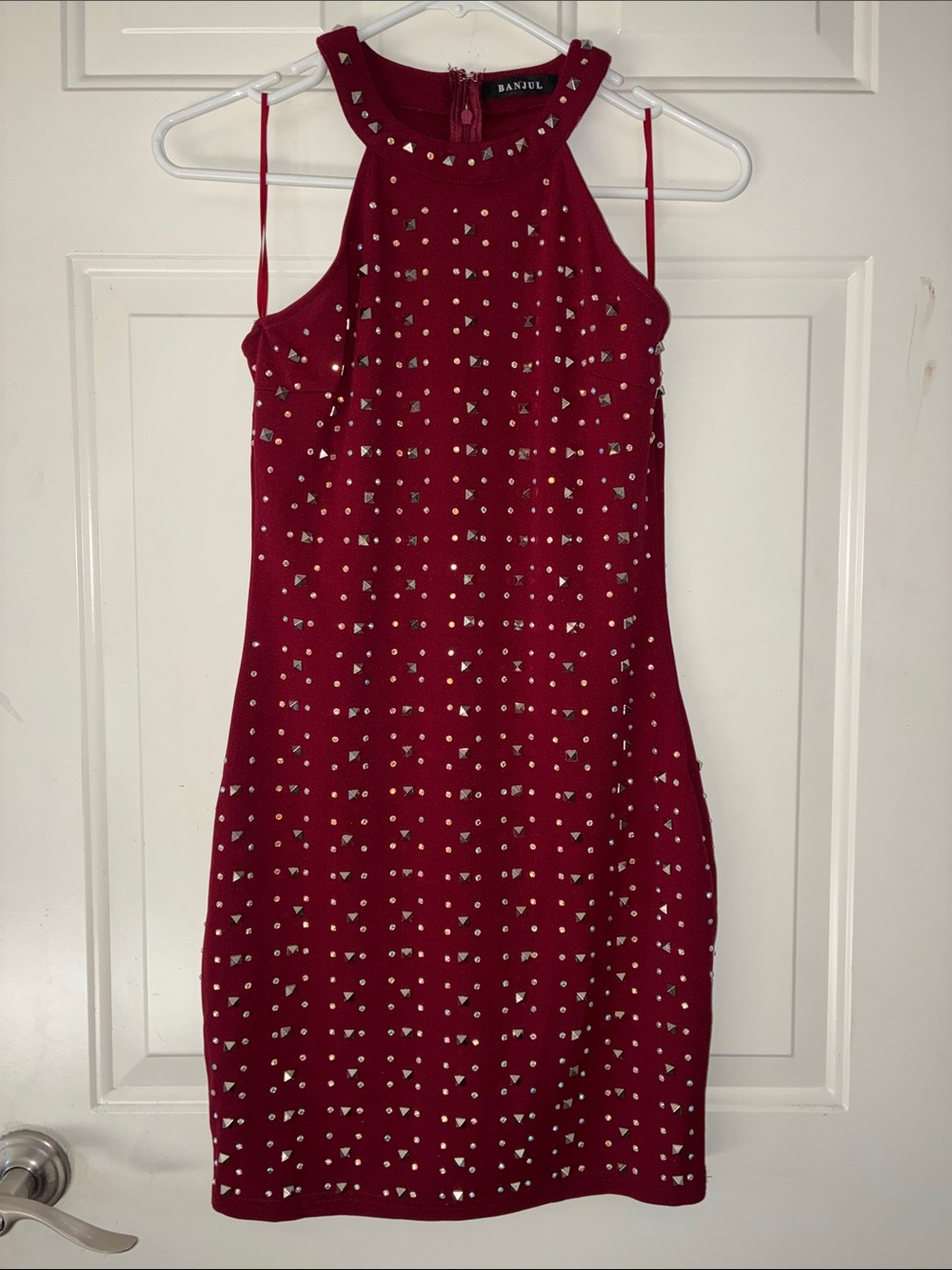 Banjul Red Studded Halter Sheath Dress